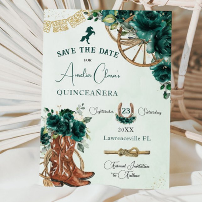 Save The Date Emerald Green Floral Wild West Charro Quinceañera (Créateur téléchargé)