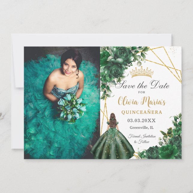 Save The Date Emerald Green Flowers Princesse Quinceañera Photo (Devant)