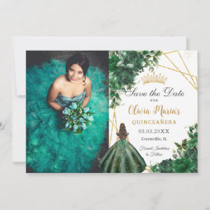 Save The Date Emerald Green Flowers Princesse Quinceañera Photo