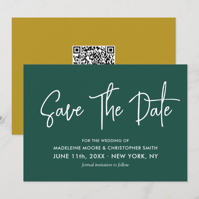 Save The Date Emerald Green & Gold Calligraphy Scan QR Code (Devant / Derrière)
