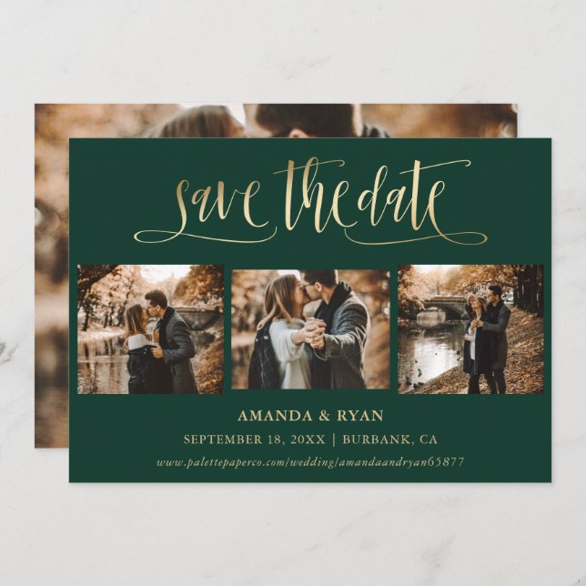 Save The Date Emerald Green Gold Mariage 4 Photo Enregistrer la  (Devant / Derrière)