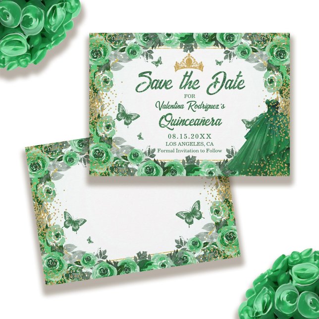 Save The Date Emerald Green Gold Parties scintillant Floral Quin (Emerald Green Gold Glitter Floral Quinceanera Save The Date)