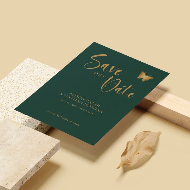 Save The Date Emerald Green & Gold Script avec Parties scintilla (Personalized Emerald Green & Gold Script with Glitter Butterfly Save The Date)