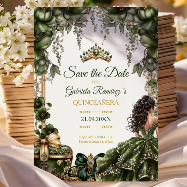 Save The Date Emerald Green Golden Tiara Floral Quinceañera (Créateur téléchargé)