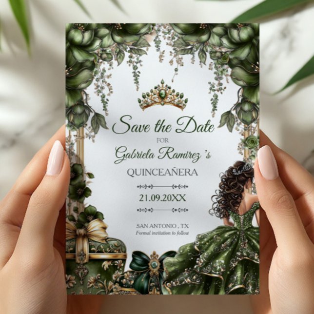 Save The Date Emerald Green Golden Tiara Floral Quinceañera (Créateur téléchargé)