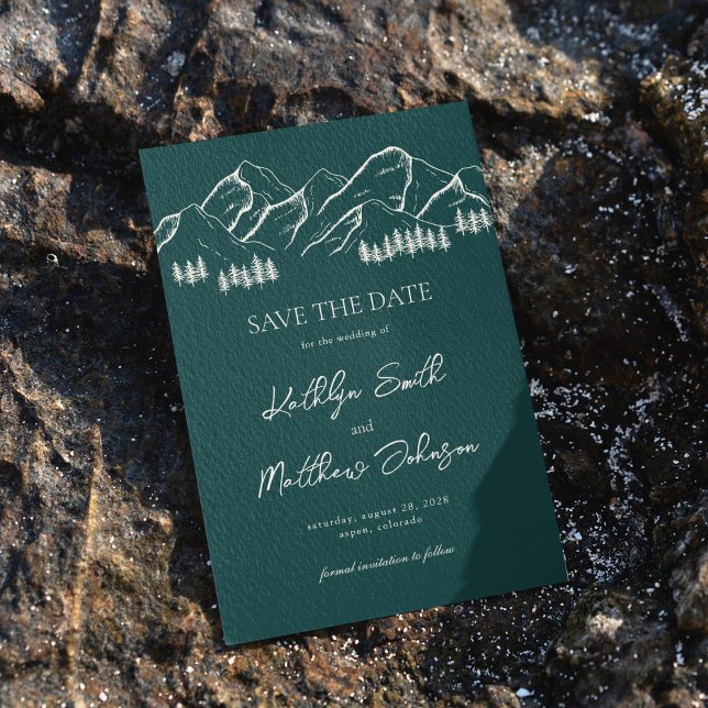 Save The Date Emerald Green Mountain Pine Tree Mariage extérieur (Créateur téléchargé)