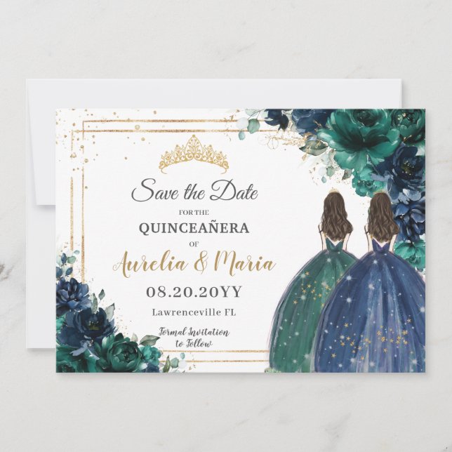 Save The Date Emerald Green Navy Floral Princesses Quinceañera (Devant)