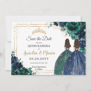Save The Date Emerald Green Navy Floral Princesses Quinceañera