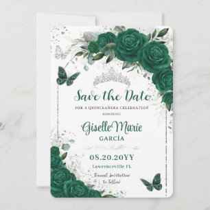 Save The Date Emerald Green Roses Floral Quinceañera Papillons