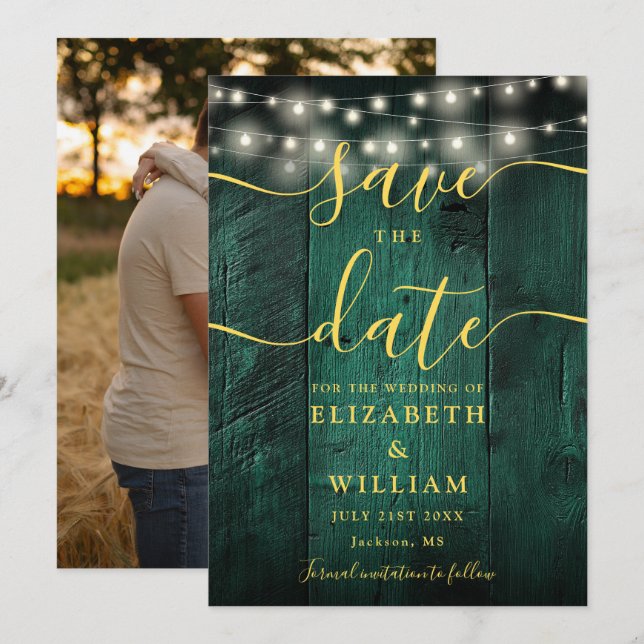 Save The Date Emerald Green String Lights Mariage photo en bois (Devant / Derrière)