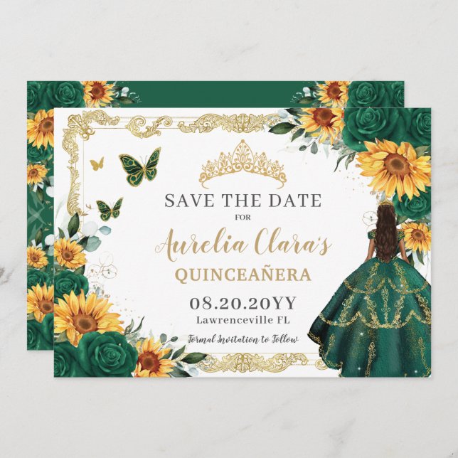 Save The Date Emerald Green Sunflowers Floral Gold Quinceañera (Devant / Derrière)