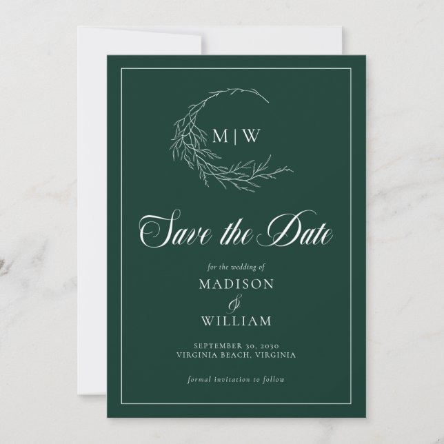 Save The Date Emerald Green Wispy Crest Monogramme Enregistrer l (Devant)