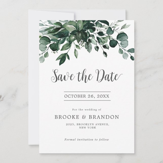 Save The Date Emerald Greenery Eucalyptus Mariage botanique (Devant)