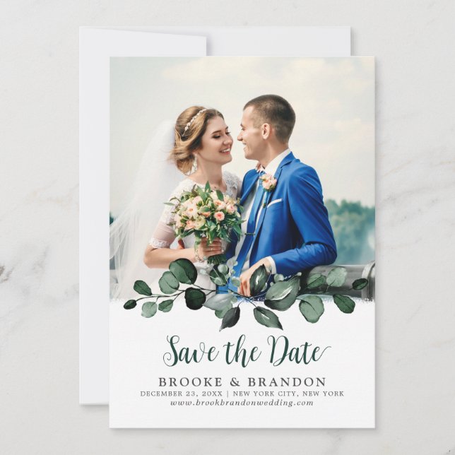 Save The Date Emerald Greenery Eucalyptus Mariage botanique (Devant)