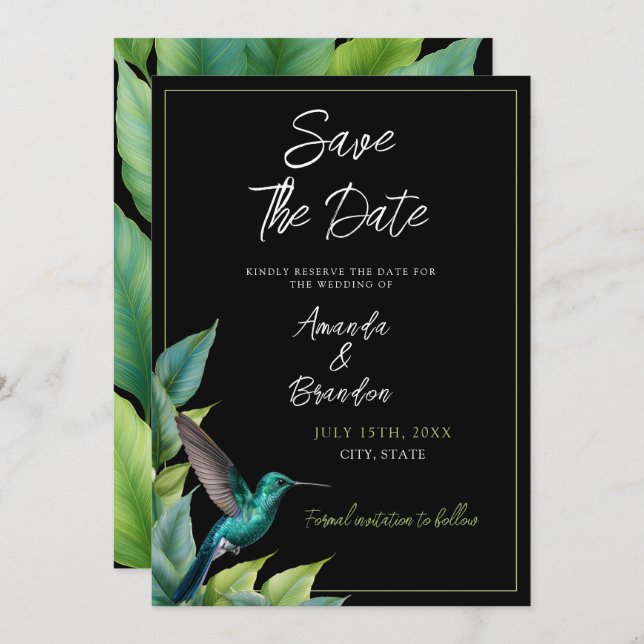 Save The Date Emerald Hummingbird Tropical Feuille Mariage (Devant / Derrière)