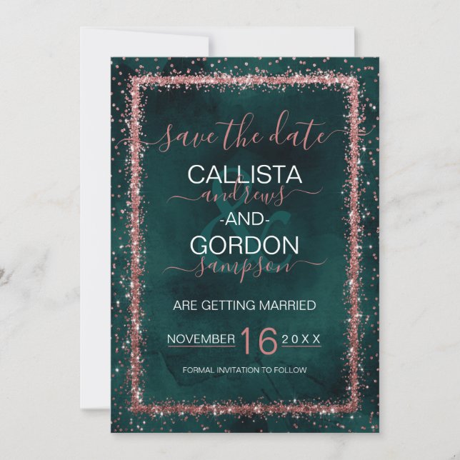 Save The Date Emerald Rose Gold Sprinted Confetti Mariage (Devant)