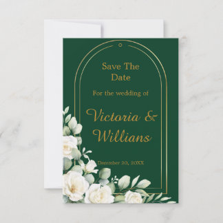 Save The Date Emerald Winter Elegant Gold Floral Wedding Announc