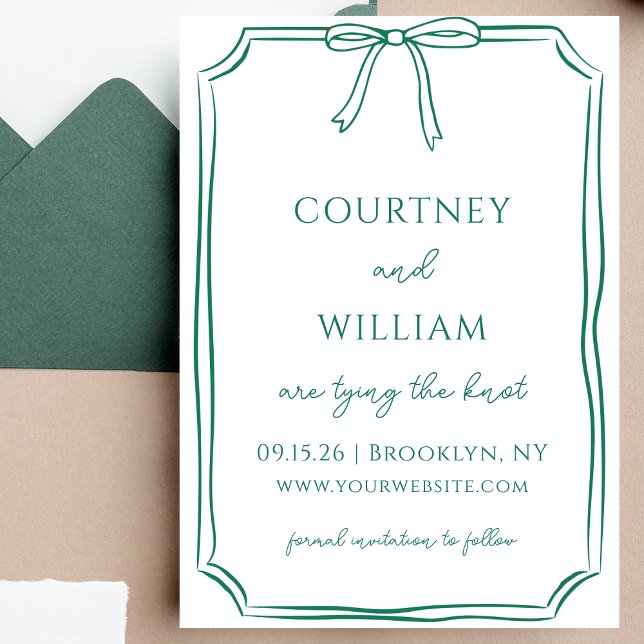 Save The Date Émeraude Chic Tying Knot à la main (Announce your wedding with this emerald green invitation—perfect for a classic celebration.)
