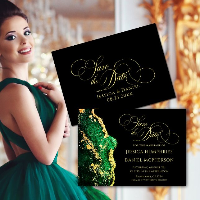 Save The Date Émeraude Vert Mariage noir (Stunning Emerald Green Black Gold Wedding Save The Date)