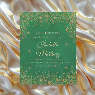 Save The Date Émeraude Vert Or Floral Stars Quinceañera