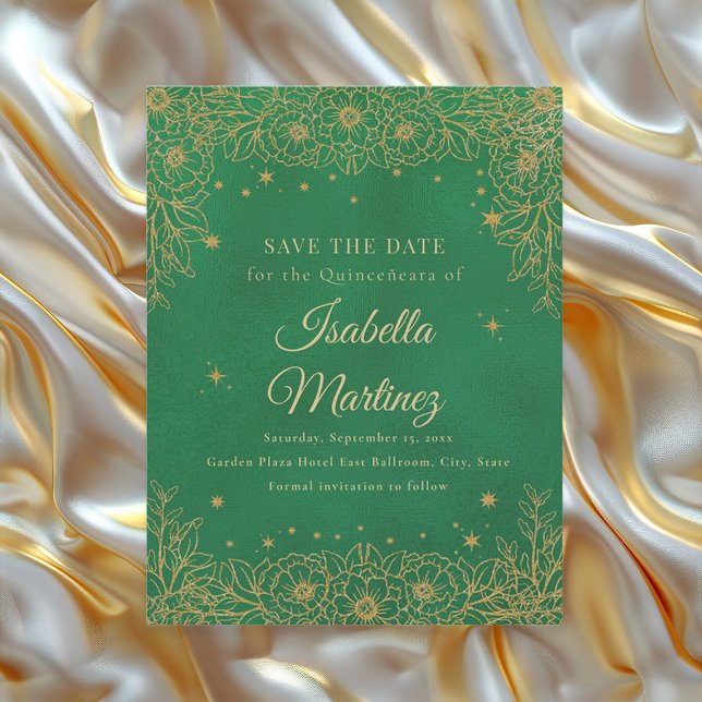 Save The Date Émeraude Vert Or Floral Stars Quinceañera (Emerald green and gold Quinceañera Save the Date card)