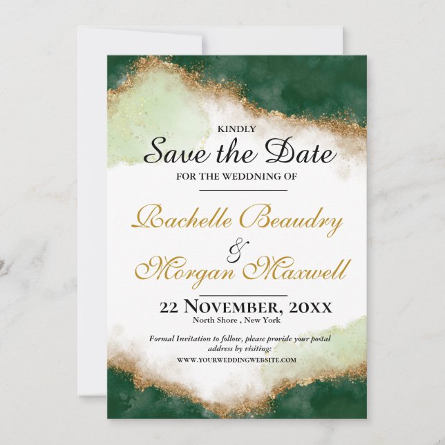 Save The Date Émeraude Verte & Agate Dorée Mariage Enregistrer l (Devant)
