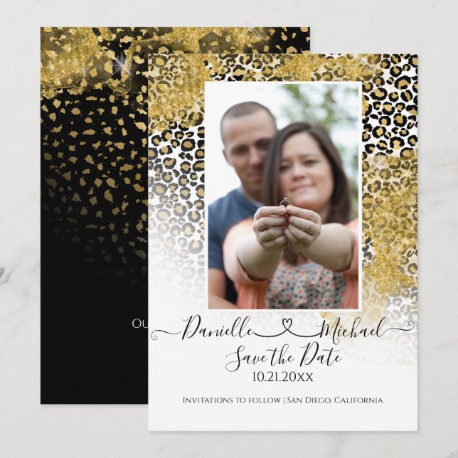 Save The Date Empreinte de léopard Script Heart Parties scintill (Devant / Derrière)