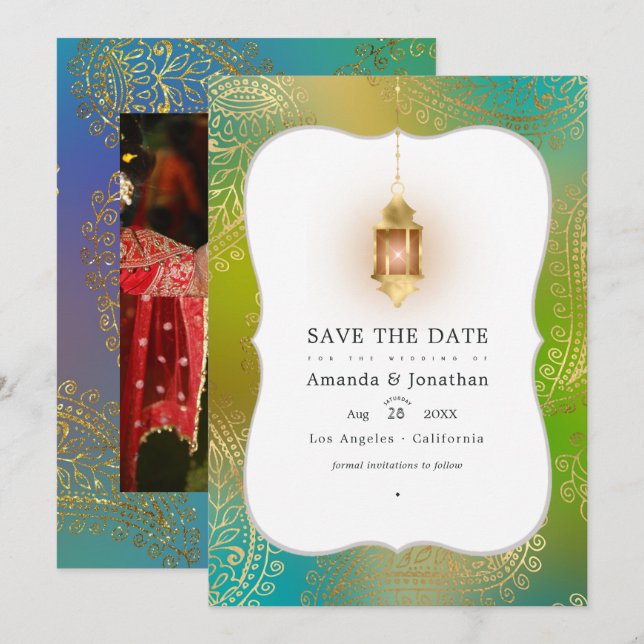 Save The Date En feuille d'or arabe Bollywood mariage photo enre (Devant / Derrière)