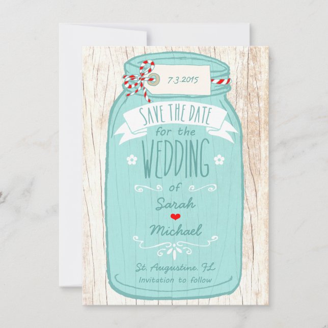 Save The Date En vichy rouge & Mint Mason Jar Enregistrer la dat (Devant)