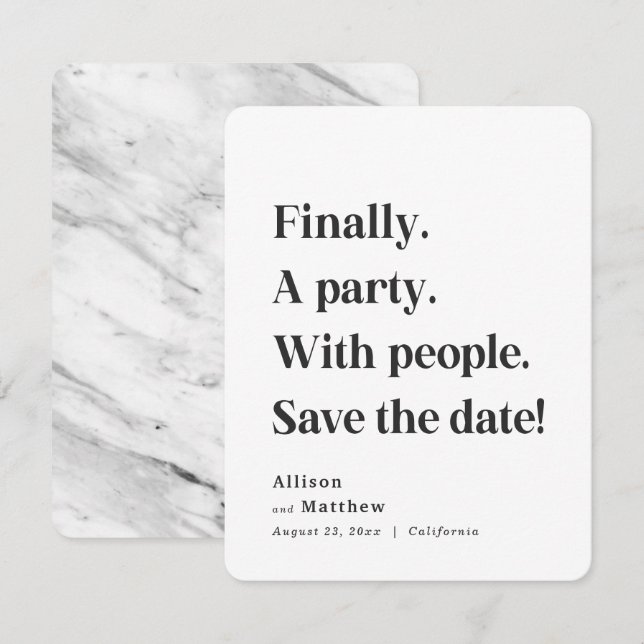 Save The Date Enfin une partie Texte simple Noir & Blanc Minimal (Devant / Derrière)