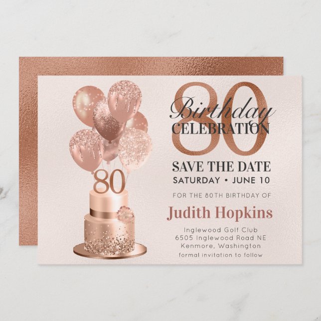Save The Date Enregistrer La Date 80e Anniversaire Rose Gold Cak (Devant / Derrière)
