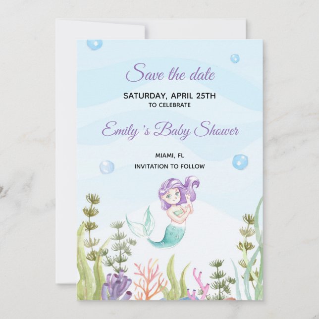 Save The Date Enregistrer la date Aquarelle de sirène violet (Devant)