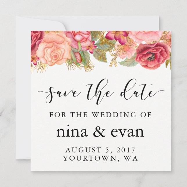 Save The Date Enregistrer la date Aquarelle Floral Frame Or rose (Devant)
