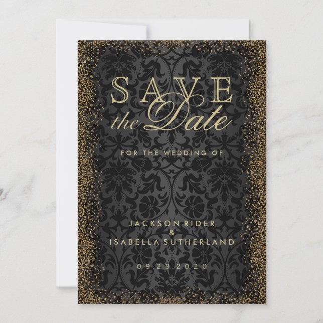 Save The Date Enregistrer la date Black Damask et Gold Confetti  (Devant)