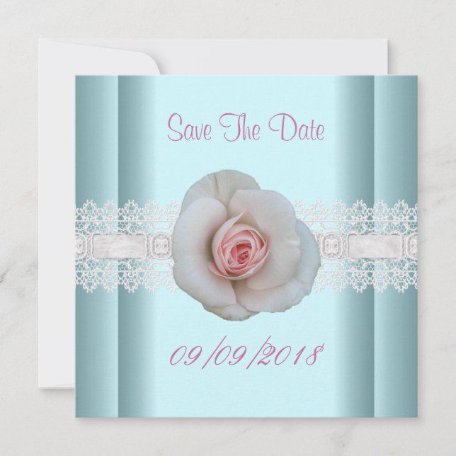 Save The Date Enregistrer La Date Bleu Blanc Rose Rose Dentelle  (Devant)