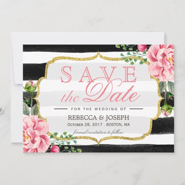 Save The Date Enregistrer la date Bleu rose floral rayures (Devant)