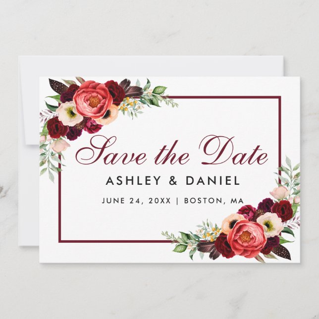 Save The Date Enregistrer La Date Burgundy Floral Card B (Devant)