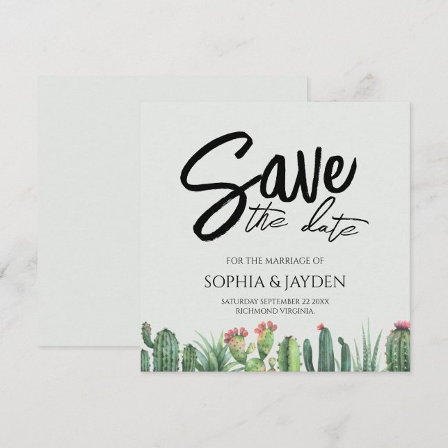 Save The Date Enregistrer La Date Cactus Aquarelle Sage Garden D (Devant / Derrière)