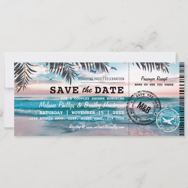 Save The Date Enregistrer la date Couples Douche Tropical Beach (Devant)