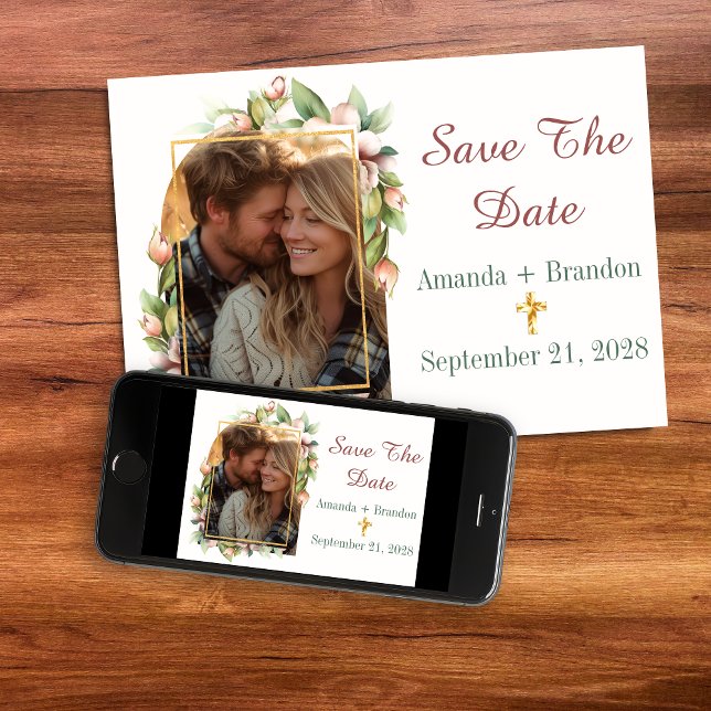 Save The Date Enregistrer La Date Croix Chrétienne Photo Arc Flo (Save The Date Christian Cross Floral Arch Photo Card)