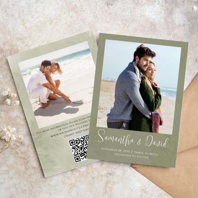 Save The Date Enregistrer la date de destination Photo Elegant P (Elegant green palm leaves photo save the date card. With a scannable QR Code. )