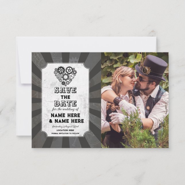 Save The Date Enregistrer la date de mariage Steampunk coeurs Ph (Devant)