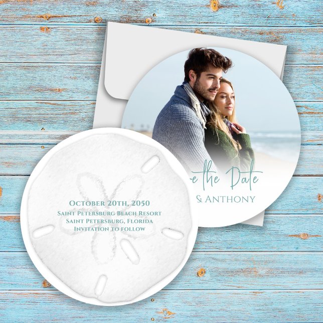 Save The Date Enregistrer la date Destination Beach Wedding (Wedding destination Save the Date photo circle beach template. )