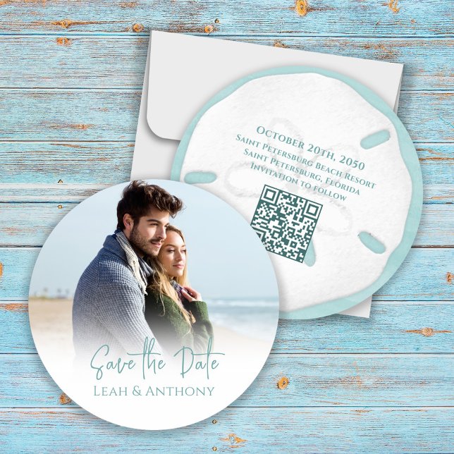 Save The Date Enregistrer la date Destination Beach Wedding (Wedding destination Save the Date photo circle beach template. With Scannable QR Code. )