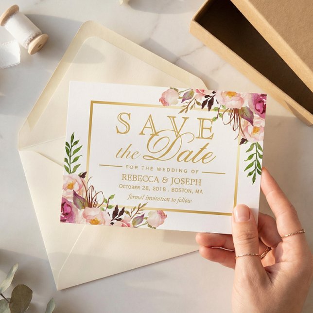 Save The Date Enregistrer la date Elegant Chic Rose Floral Gold  (Créateur téléchargé)