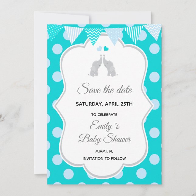 Save The Date Enregistrer la date Elephant Turquoise Blue Pois (Devant)