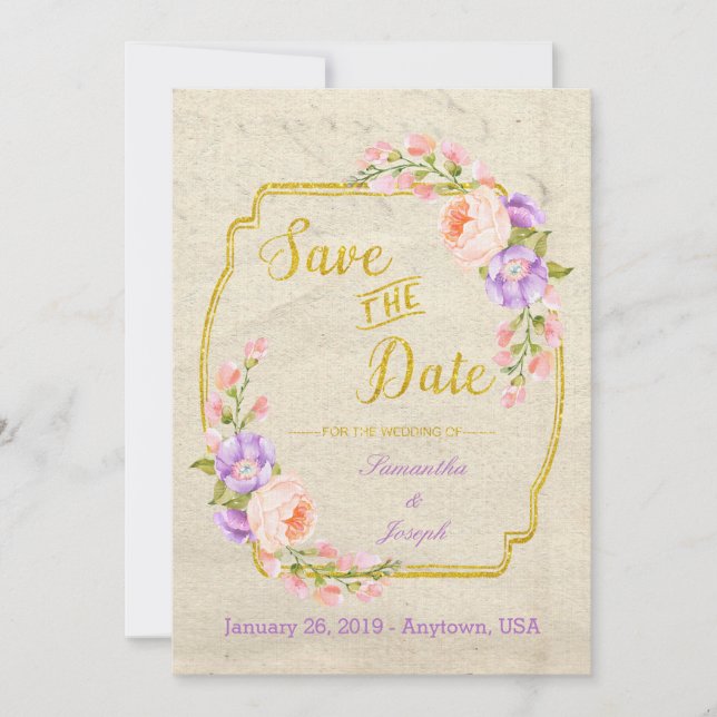 Save The Date Enregistrer la date Floral et Or sur Parchemin STD (Devant)