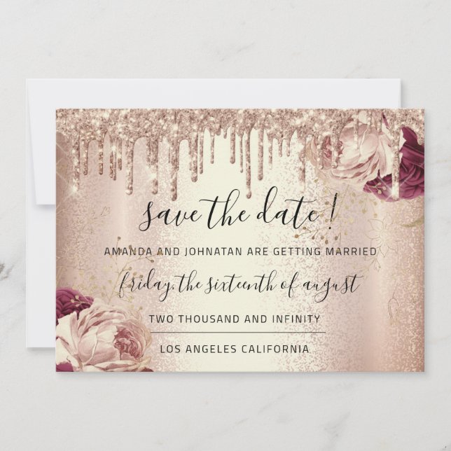 Save The Date Enregistrer La Date Florals Rose Déchets De Monnai (Devant)