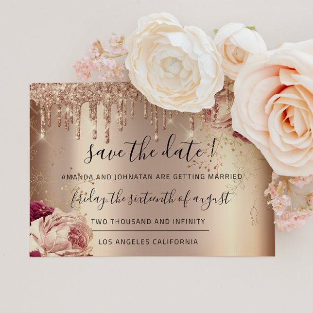 Save The Date Enregistrer La Date Florals Rose Gold Drives Marsa (Save The Date Florals Rose Gold Drips Marsala)