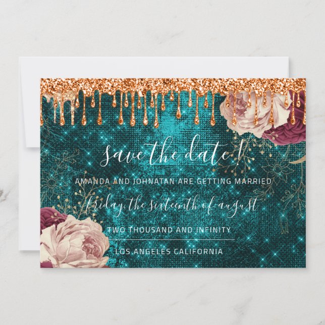 Save The Date Enregistrer La Date Florals Rose Wreath Copper Dri (Devant)